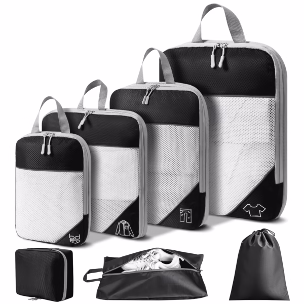 7 Set Compression Packing Cubes, Expandable Packing Organizers for Travel Accessories Luggage Suitcase Backpack, Black